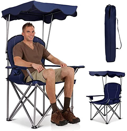 RELAX4LIFE Chaise de Camping Pliante avec Toit Parasol,Porte-Boisson, Chaise de Pêche en Cadre Métallique Charge Max 120 kg pour Camping Pêche Excursion Plage (Bleu)