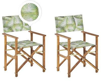 Beliani Zwei Gartenstühle helles Akazienholz Textil grau/hellgrün Palmenmotiv Cine