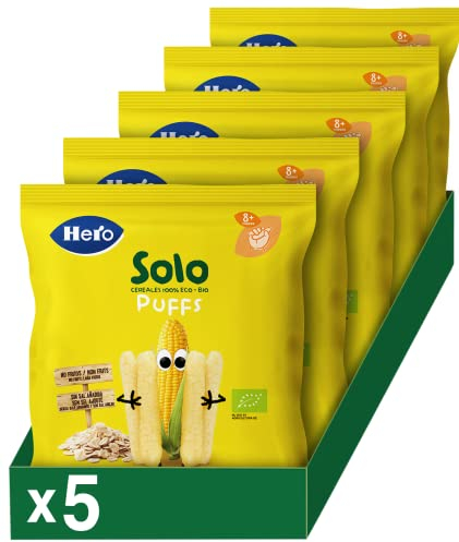 Hero Solo - Puff Snack de Maíz y Avena, Cereales 100% ECO, BIO, con Ingredientes de Agricultura Ecológica y UE, No Fritos, Sin Sal Añadida, Apto para Bebés a Partir de 8 Meses - Pack de 5 x 25 g