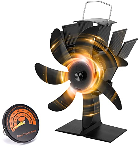 LAMA Kaminventilator, 7 Blättern Ofenventilator mit Thermometer, Schneller Selbststart Kaminlüfter Wärmebetrieben Geräuscharmer Ventilator Stromlos Heizventilator Lüfter für Kamin Holzöfen(UK)