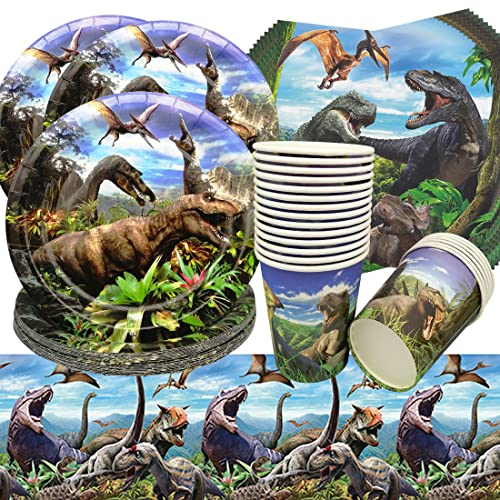 Vajilla de Cumpleaños de Dinosaurio,Doyomtoy 61 piezas Decoración de Mesa de Cumpleaños Platos Cumpleaños Platos Servilletas Vasos para Baby Shower Boda Cumpleaños