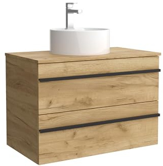 Salgar Mueble de baño Born 80 cm 100% montado de fábrica Acabado Roble suspendido 2 cajones Cierre amortiguado Apertura Tirador Perfil Lavabo sobre encimera Marca, 97968