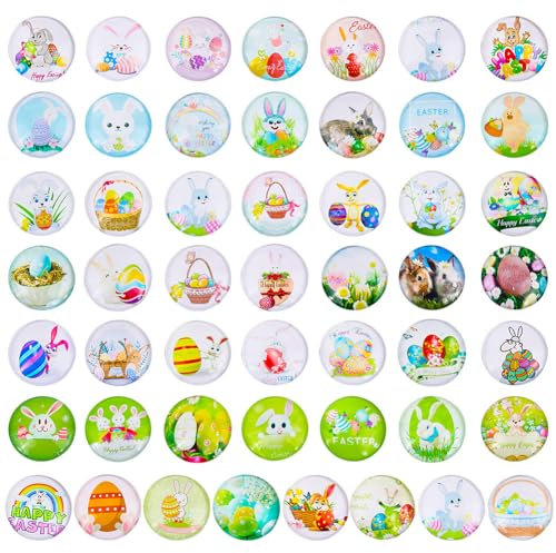PandaHall 50 Stück Glaskuppel-Cabochon 50 Stile 25 mm Osterhasen-Eier-Mosaik-Fliesen Halbrunde Flatback-Cabochons Für DIY-Bastelarbeiten Halsketten-Anhänger Schmuck