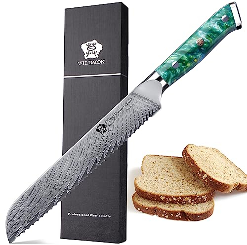 WILDMOK Cuchillo de pan dentado de 20 cm, cuchillo de pan con mango de resina resistente y duradero, cuchillo de corte de pan de acero VG10 japonés de 67 capas para pan, pasteles, bagels