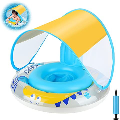 Coikes Boee Bebe Bambino Seggiolino Da Piscina con Ombrellone Rimovibile Doppio Airbag Dinosauro Gonfiabile per Bambini Anello Nuoto Pompa & Regalo 3-36 Mesi Giallo