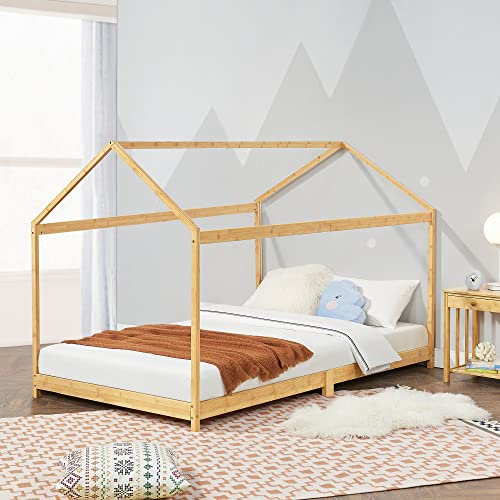 [en.casa] Kinderbett Vindafjord 90 x 200 cm Bettenhaus Spielbett Juniorbett Bettgestell mit Lattenrost aus Bambus in Haus-Optik