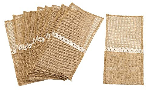 sourcing map Burlap Lace Utensil Holders, 20Pcs Knife Forks Napkin Silverware Holder Bag Cutlery Pouch for Wedding Dinner Decorations