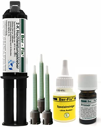 Ber-Fix 2K Hochleistungskleber | 30 Minuten | Ideal für PE, PP, Teflon, Metall, Kunststoff, Holz | 25g Spritze + Primer + 3 Mischspitzen + Spezialreiniger
