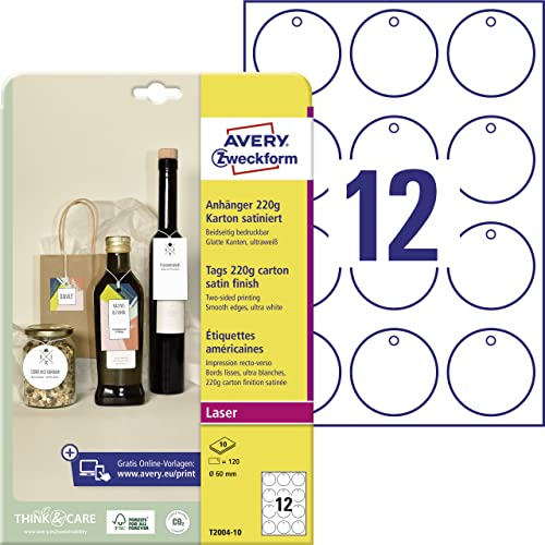 AVERY Zweckform T2004-10 stabile Anhänger 120 Stück inkl. Schnüre (⌀60mm auf A4, beidseitig bedruckbare Produktanhänger, extra glatte Kanten, runde Geschenkanhänger, Preisanhänger) Karton 220g, weiß