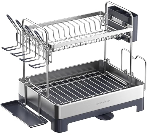 SONGMICS Dish Drying Rack, 2-Tier Dish Rack for Kitchen Counter with Rotatable and Extendable Drain Spout, Dish Drainer with Utensil, Cup, Glass, Cutting Board Holders, Gray KCS032E01