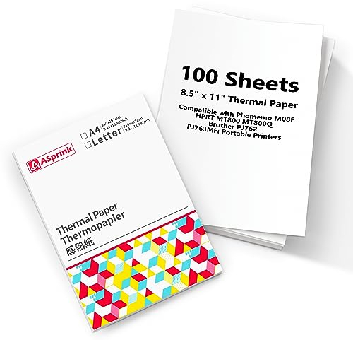 ASprink Carta Termica A4 - Compatibile con Stampanti M08F/M832/M833/M834/M835, Foglio Singolo per Stampanti Portatili - 100 Fogli