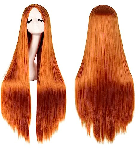colorful pandaLange Perücken für Damen und Mädchen, lang, glatt, Kunsthaar, Mittelscheitel, für Party, Cosplay, Halloween, Anime (Orange)