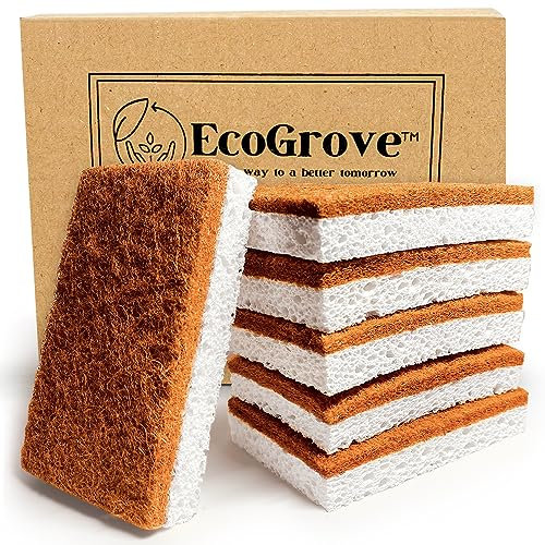 EcoGrove™ Premium 6-Pack | Biodegradable Natural Kitchen Dish Sponge | Vegan Plant-Based All-Natural | Non-Scratch Coconut Husk & Wood Cellulose sponges | Eco-Friendly