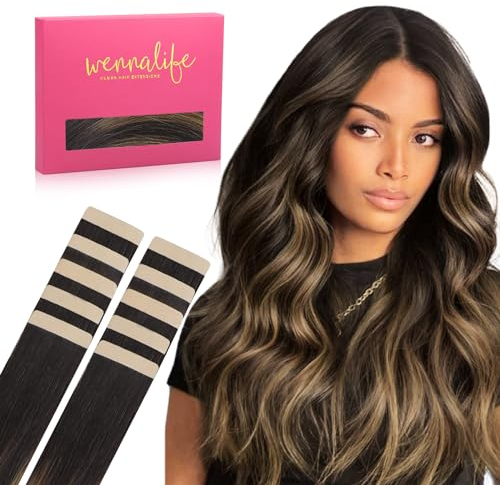 WENNALIFE Tape Extensions Echthaar, 35cm 25g 10 Stück Invisible Tape in Extensions Echthaar, Echthaar Extensions Tape, Remy Haarverlängerung #2/6/2 Balayage Dunkel Braun to Chestnut Braun