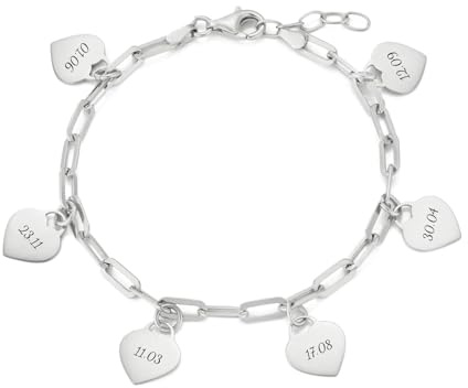 Personalised Multiple Name Bracelet Heart Pendant - Solid 925 Sterling Silver - Custom Gift for Her - Handmade Charm Jewellery (925 Sterling Silver)