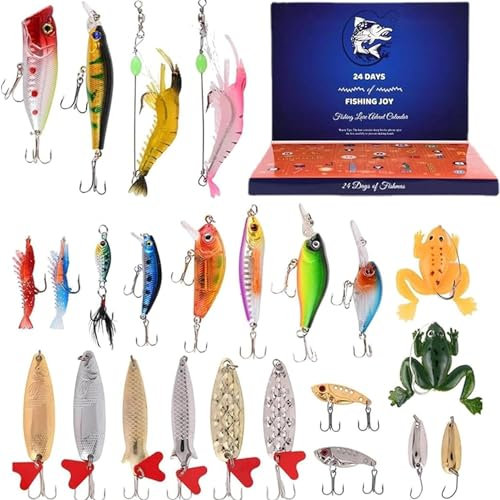Fishing Tackle Weihnachten Adventskalender 2023, Angelköder Set, Angelköder Adventskalender, Fischköder Weihnachtskalender für 24 Tage Überraschungsgeschenk für Weihnachten, Ehemann, Freund (24