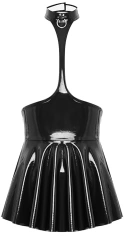 Agoky Damen Wetlook Lack Leder Kleid Vollbrust Corsagenkleid Korsett Partykleid A-Linie Knielang Punk Rock Gothic Kostüm Clubwear S-XXL Schwarz D 3XL