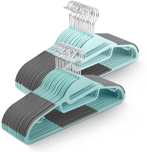 KEPLIN rutschfeste Kleiderbügel – langlebiges, schlankes Design für platzsparende Aufbewahrung mit 360°-Drehgelenk, Krawatten-Organizer, Gurthaken und S-förmiger Öffnung, Blaugrün (41 x 22 cm)