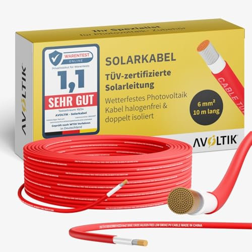 Avoltik Solarkabel 6mm2 in 10 m I TÜV-zertifizierte Solarleitung für Photovoltaik 1500V I robustes Solar Verlängerungskabel H1Z2Z2-K I wetterfestes Photovoltaik Kabel halogenfrei & doppelt isoliert