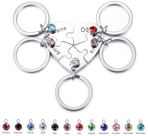 INBLUE Set di Portachiavi in Acciaio Inox Personalizzato 2-5 Nomi Cuore Puzzle Pezzi - Nome Personalizzato Regali per Donne (Argento - 5 Pezzi & Pietre di Nascita)