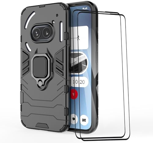 ESTH® Case for Nothing Phone (2a) with 2 Pack Screen Protector, [360° Rotating Stand] [Military Grade Anti-Fall Protection], Cover Compatible with Magnetic Car Mount, Black