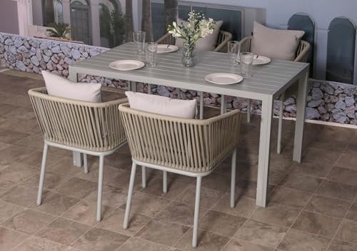 Mendler Gartengarnitur HWC-N41, Tisch+4xStuhl, wetterfest Alu 140x80cm, Seilgeflecht Rope - grau Kissen grau