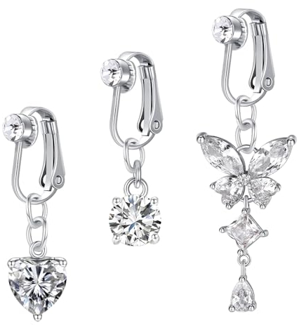 Fake Bauchnabelpiercing 3 Stück Bauchnabelpiercing Clip Bauchnabelpiercing Schmetterling Fake Belly Piercing Silber Langer Stil Geeignet für Damenpartys Und Urlaube