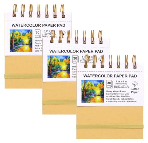 Mini-Aquarellpapierblöcke, 10,2 x 10,2 cm, 3 Stück, Kraftpapier, Hardcover, 300 g/m², schweres Baumwollpapier, Spiralbindung, kaltgepresst, doppelseitig (glatt und strukturiert)