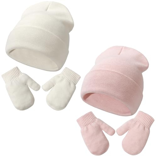 DRESHOW Ensemble Bonnet Beanie et Moufles D'hiver Set pour Bébés et Enfants Ensemble Chapeau et Gants Tricotés Chauds pour 3 Mois - 5 Ans Filles et Garçons