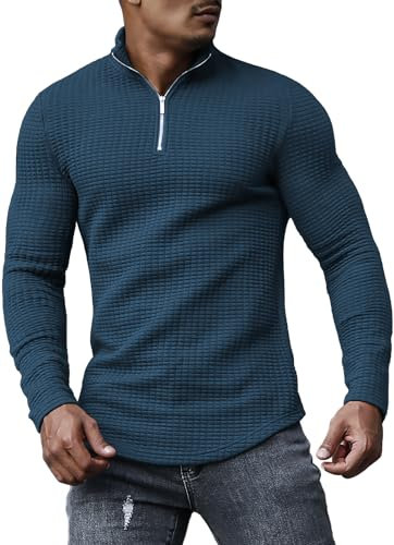 KUYIGO Men's Long Sleeve Polo Shirts 1/4 Zip Knitted Casual Slim Fit Mock Neck Ribbed Knit Zip Waffle Shirts M Navy