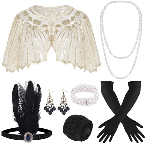 ELFIN 9-teiliges 1920er Flapper Great Gatsby Accessoires-Set Fashion Roaring 20's Theme Set mit Stirnband, Kopfbedeckung, langen schwarzen Handschuhen, Halskette, Apriskose Gold