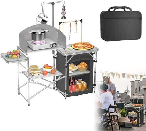Froadp Cocina de camping plegable con armario de camping, protector de viento y soporte de lámpara ajustable, muebles de camping y cocina de viaje portátil, incluye bolsa de transporte para camping,