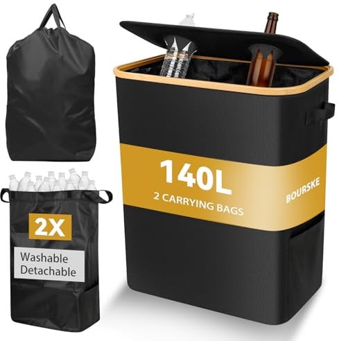 Bourske Recycling Bottle Bins, 140L Large Deposit Bottle Collector Bin with Dual Compartment and Lid, Empty Bottle Storage Collector with 2 Reusable Carrying Bag for Home