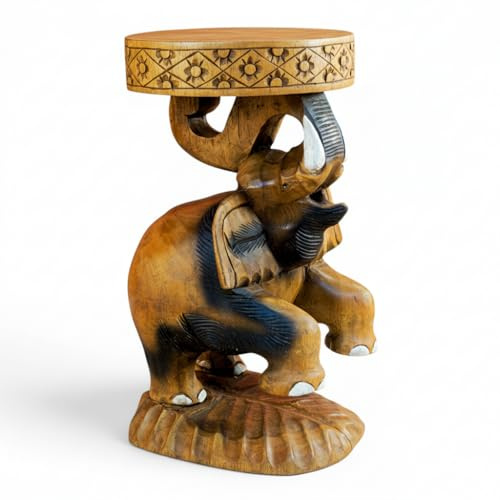 Kinaree Beistelltisch BATO Elefant kolonial aus Suar Massivholz – handgeschnitzt 51 cm, runde Ablage auf Rüssel, Unikat aus Thailand (Braun)