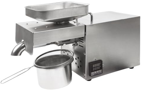 Zitruspressen, 610W Edelstahl Ölpresse Walnuss Ölmühle Erdnussöl Expeller Extraktion Maschine mit Handschuh und Anti-Rutsch-Matten, für Erdnusskerne, Walnusskerne, Olivenkerne, 45*18*30.5cm Silber