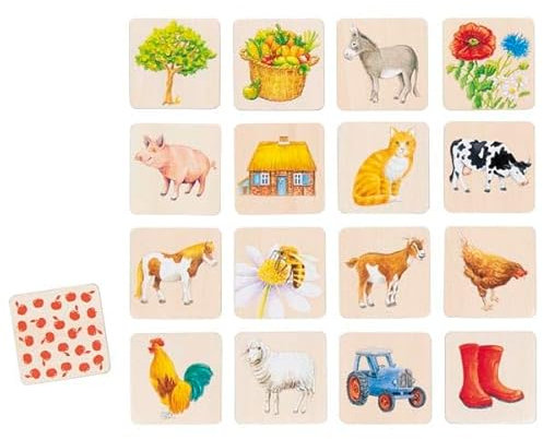 goki 56300 – Memo Auf dem Land – 32-teiliges Legespiel mit Bauernhofmotiven im Holzkasten