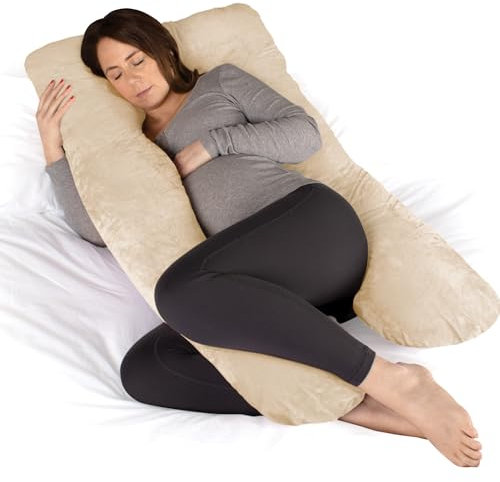 Dreamcatcher Cream Grey Pregnancy Pillow, U Shaped Shredded Memory Foam Maternity Pillow, Full Body Support Pregnancy Pillows for Sleeping, Machine Washable & Removable Velvet Cover