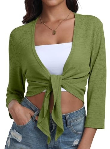 PrinStory Écharpe femme avec col en V, décontractée, légère, avec lacet frontal, manches 3/4, top doux, vert militaire, L