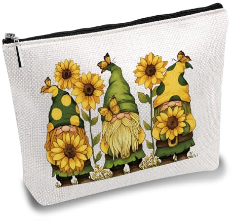 CREATCABIN Trousse Maquillage Gnome pour Femme Trousse Voyage Fermeture Éclair Motif Tournesol Jaune Trousse Polyvalente Trousse Toilette Sac Rangement Organisateur pour Cadeau pour Amie Fille 25x18cm