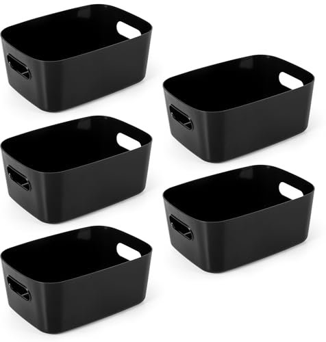 Vencier Plastic Storage Baskets 5 Pack | Compact Storage Containers | Small Storage Boxes with Durable Handles | Multi-Use Baskets for Bathroom, Kitchen, Bedroom (Black)