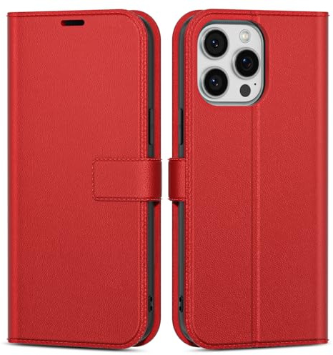 oakxco for iPhone 13 Pro Max Wallet Case with Credit Card Holder, Magnetic RFID Slim Folio Book Flip Leather Phone Case for Women Men Girl, Cute Soft Silicone Rubber Shockproof Cover, Red
