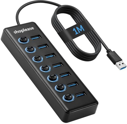 Hub USB 3.0 SuperSpeed con línea de 1 m, divisor de 7 puertos con interruptores de alimentación individuales y luz LED