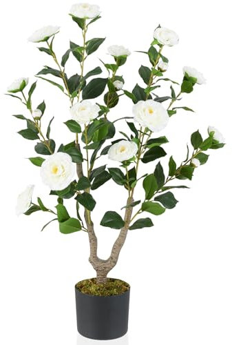 COSTWAY 90CM/3FT Artificial Camellia Tree, Faux Blooming Camellia Plant in Cement Pot with 16 Flowers, 116 Leaves & Realistic Trunk, Fake Potted Floral Plants for Home Office Decor (1, White)