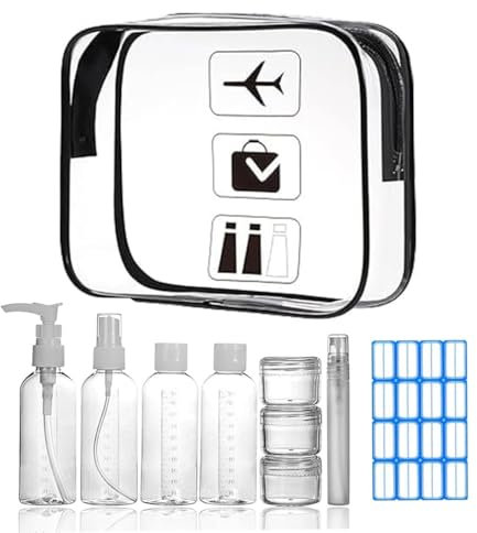 Trousse de Toilette Transparente + 8 Bouteilles Vide - Kit de Voyage avec Pochette Étanche et Sac Transparent pour Produits Toilette - Conforme aux Normes Aériennes