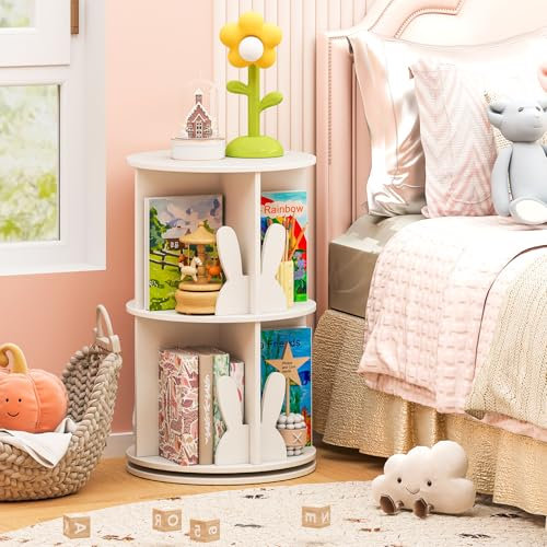 RELAX4LIFE Libreria Scaffale Girevole per Bambini, Porta Libri Rotante a 2 Livelli, Libreria in Legno per Soggiorno, Camera da Letto e Studio, 40 x 40 x 65 cm (Coniglio, Bianco)