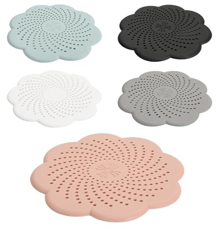 Rieoany Set 5 Filtro Scarico Doccia in Silicone, Raccogli Filtro Capelli Doccia, Tappo Lavandino Cucina Universale, Copertura Scarico Anti Intasamento, Nero, Grigio, Bianco, Rosa, Azzurro