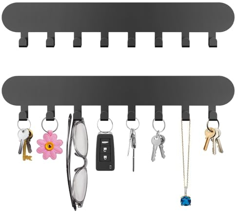 Lot de 2 plaques à clés avec 8 crochets - Rangement mural en métal - Noir - Organisateur de clés - Porte-clés - Pour couloir, cuisine - Décoration murale