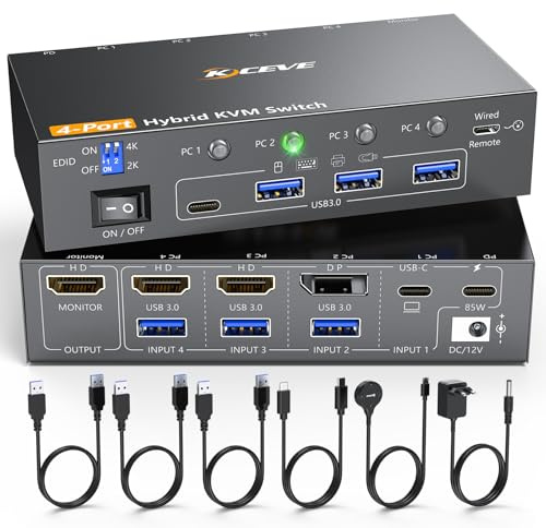 KVM Switch 1 Monitore 4 PC, 4K@60 USB C+ Displayport + HDMI KVM-Umschalter mit 4 USB 3.0 Ports Tastatur und Desktop-Controller