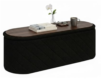 Bonlife Ovale Ottomanbank mit Stauraum, Klappbare Fußbank mit Deckel, Boucle Bank für Fußende des Bettes, Hocker für Wohnzimmer, Schlafzimmer, Eingangsbereich, Schwarz, 110x38x38cm