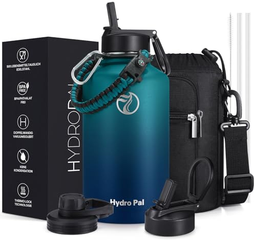 Hydropal Botella Agua Acero Inoxidable - Botella Termica de 500ml 750 ml 1 L 1,2 L 1,9L con Pajita y 2 Tapas - Termo de Doble Pared Sin BPA - Boca Ancha a Prueba de Fugas - Para Lavavajillas
